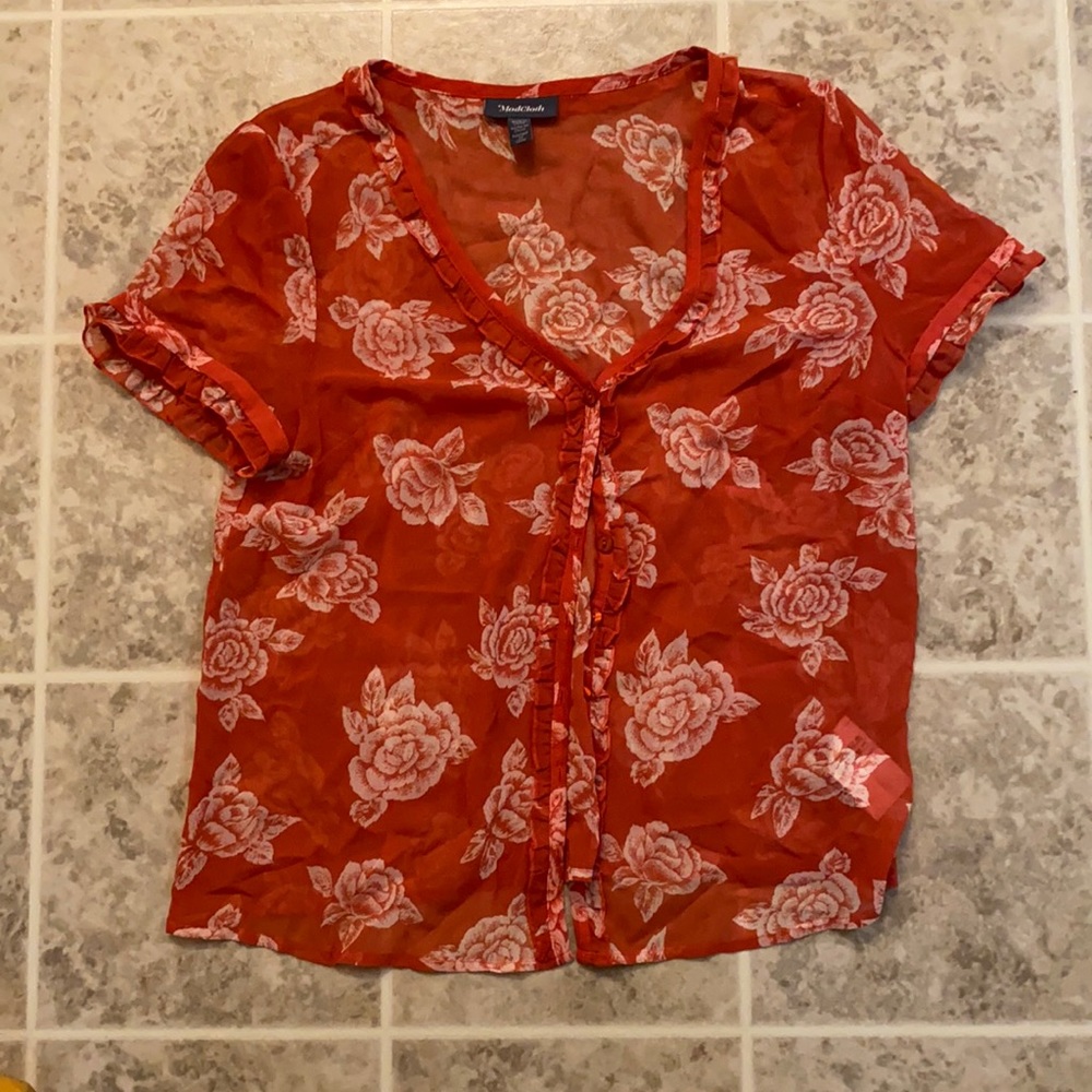 ModCloth Sheer Floral Red button up